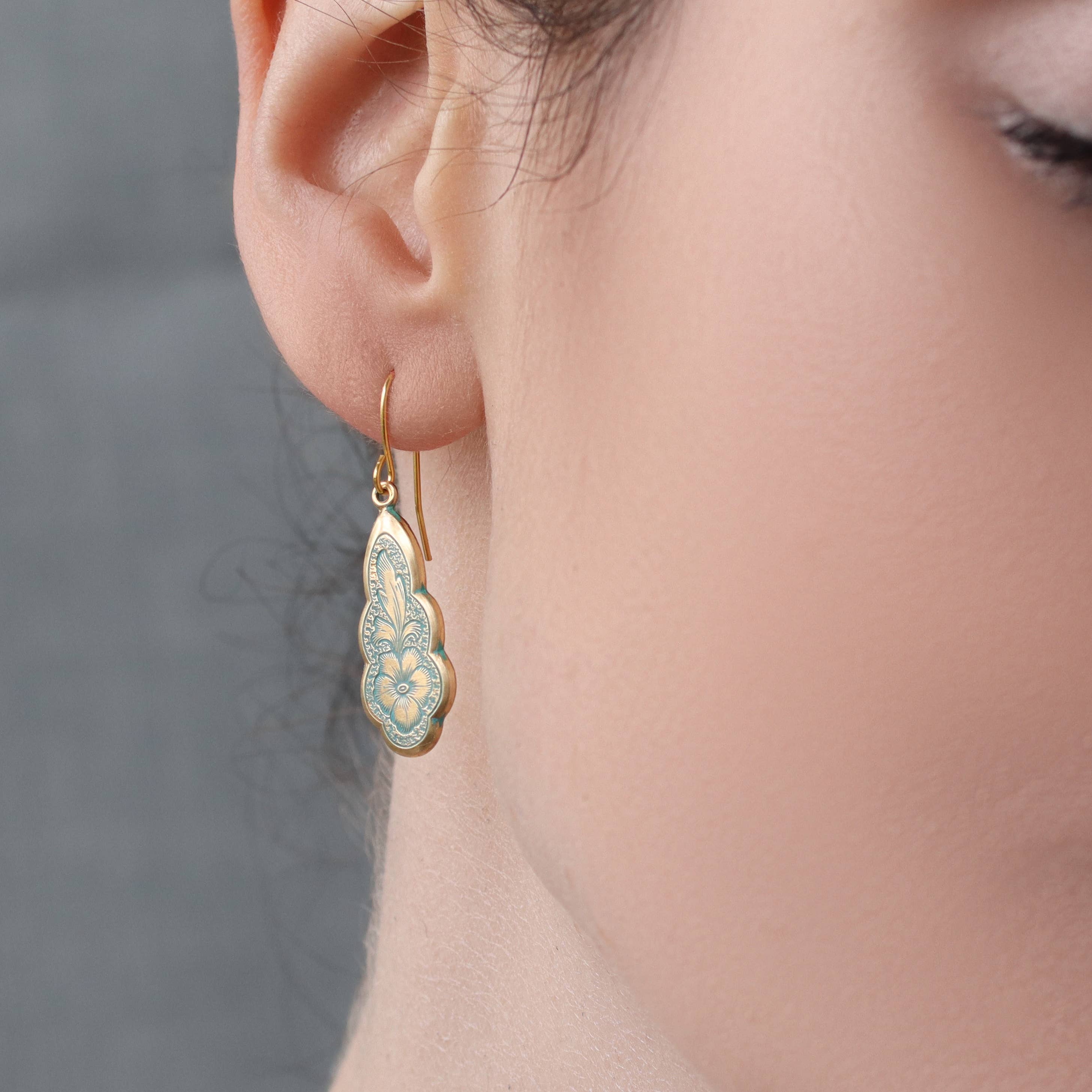 Pansy Gold Green Victorian Drop Earrings - Out of the Blue