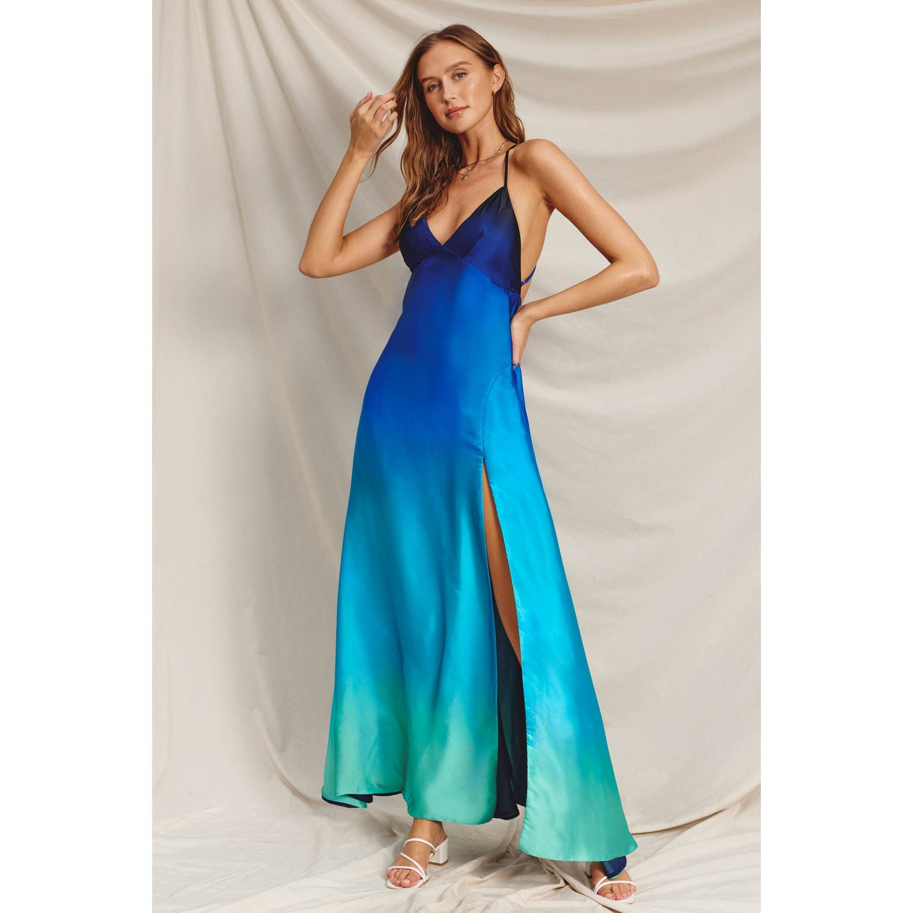 Radiance Ombre Open Back Plunging Maxi Dress - Out of the Blue