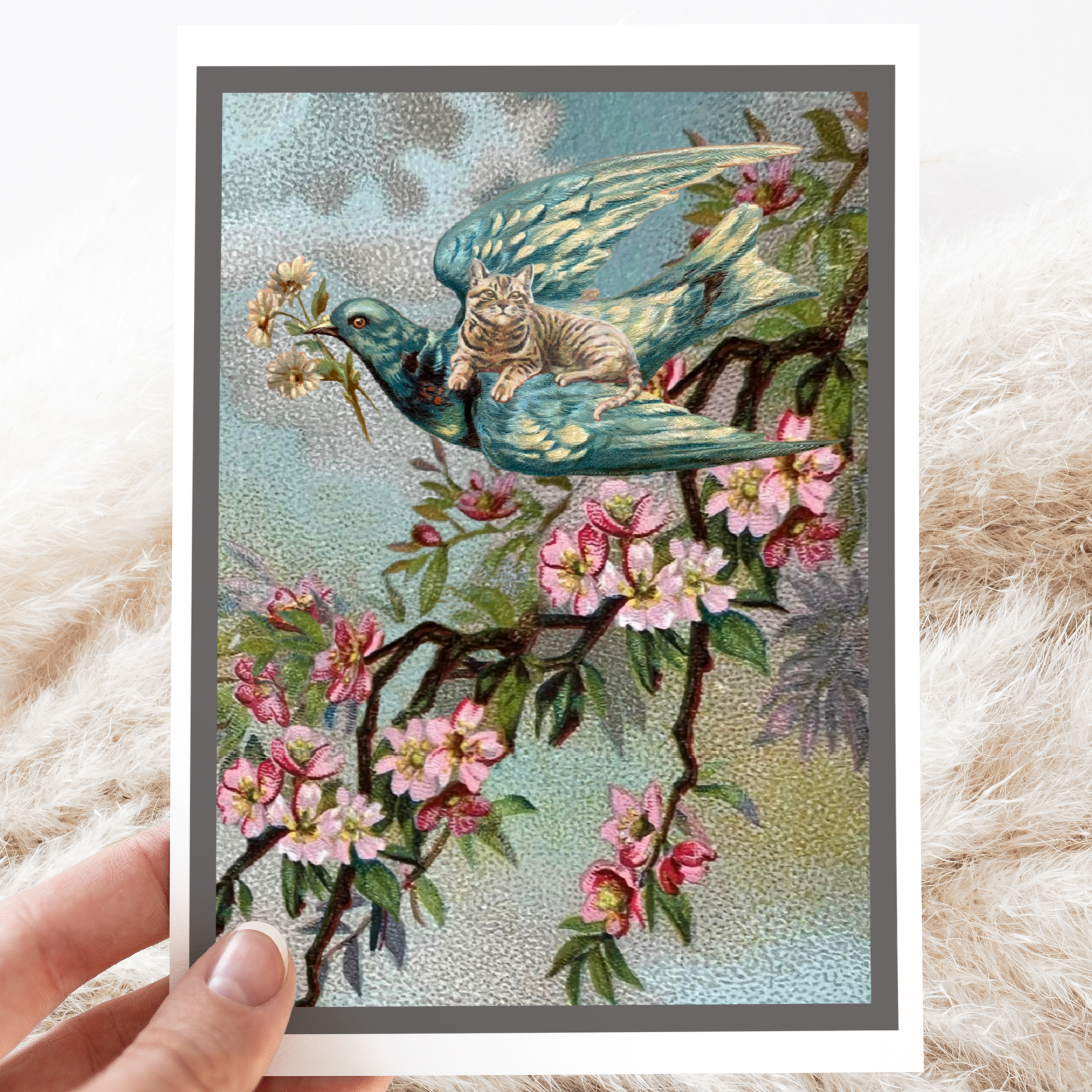 Greeting Card. Vintage Cat Riding Flying Bird. - Out of the Blue