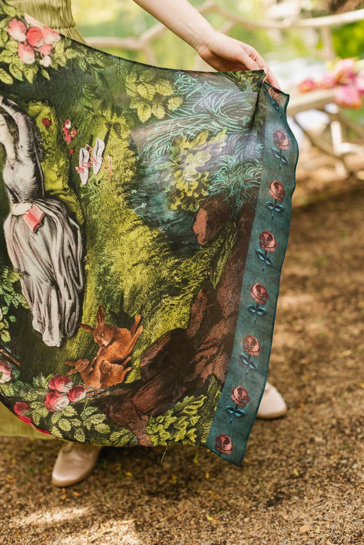 The Daydreamer Scarf w/ Sleeping Beauty, Florals & Rabbits - Out of the Blue