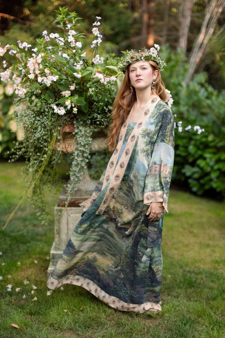 The Mythmaker Bohéme Maxi Slip Dress w/ Landscape & Unicorn - Out of the Blue