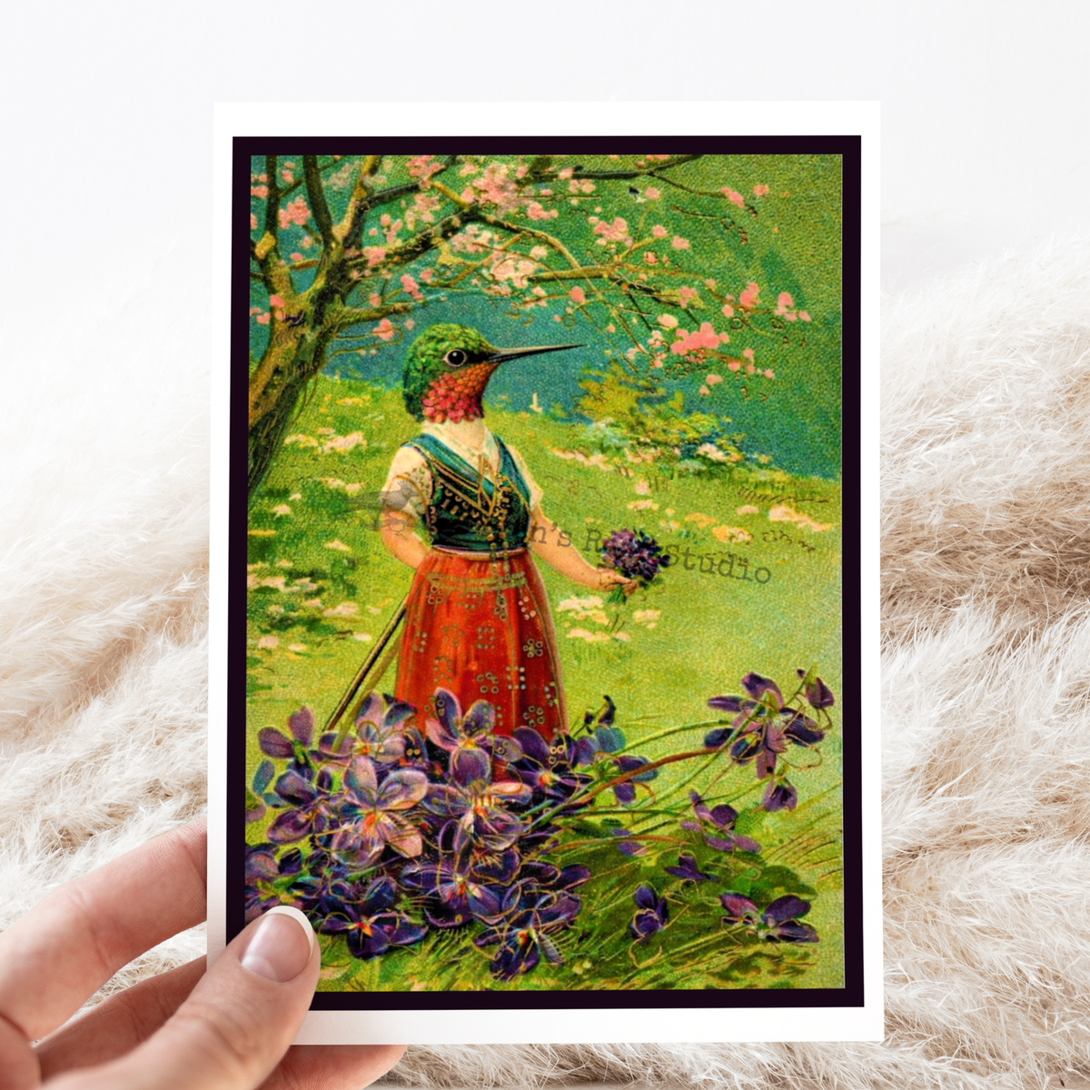 Greeting Card. Hummingbird Girl-just because