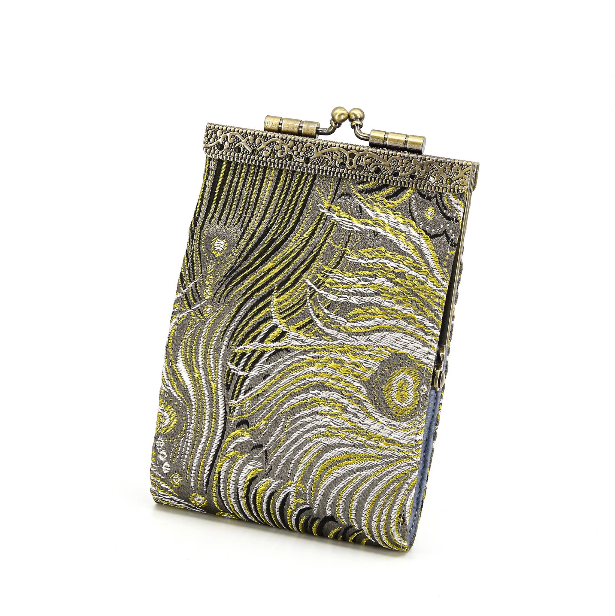 Brocade Peacock Card Holder w/ RFID, Card Case, Card Wallet: Gray & Pink - Out of the Blue