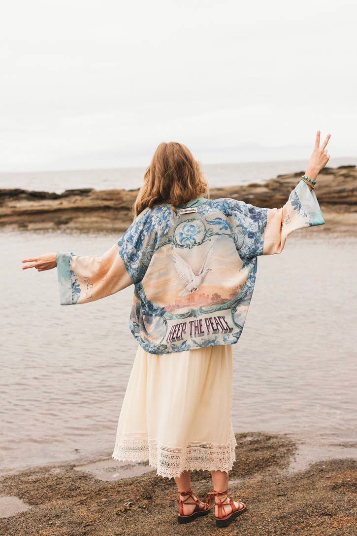 Peace Out Cropped Kimono Pixie Duster with Doves and Sunrise - Out of the Blue
