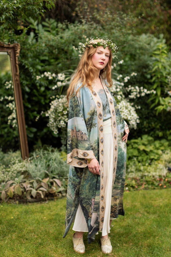 The Mythmaker Opera Duster Kimono Robe w Landscape & Unicorn - Out of the Blue