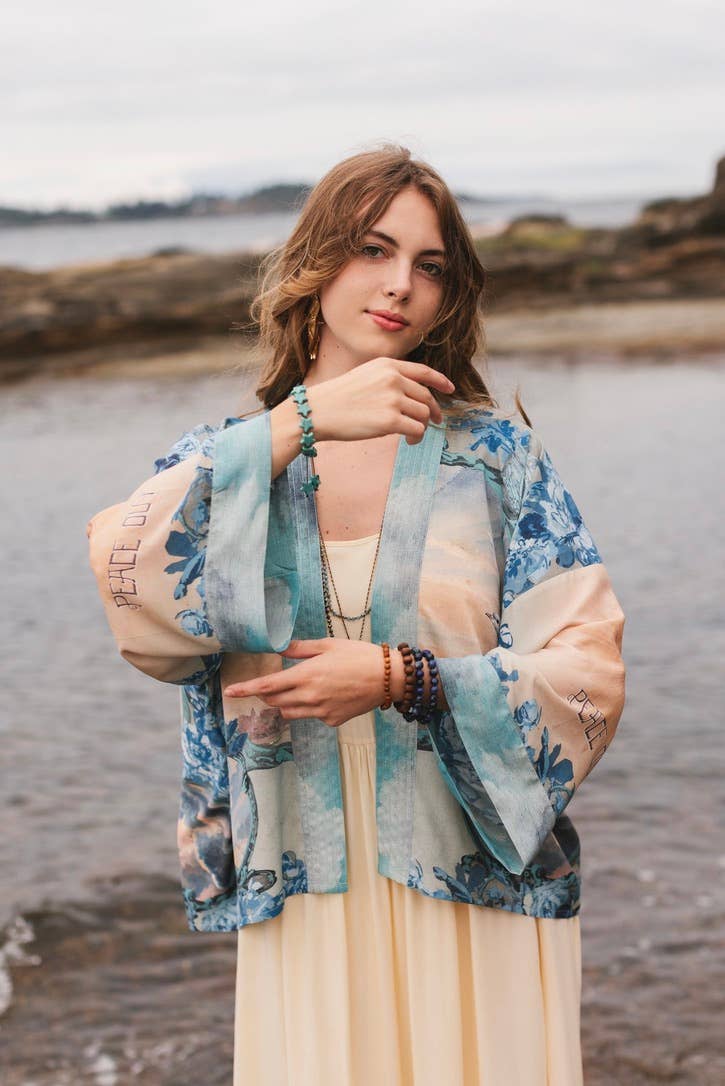 Peace Out Cropped Kimono Pixie Duster with Doves and Sunrise - Out of the Blue