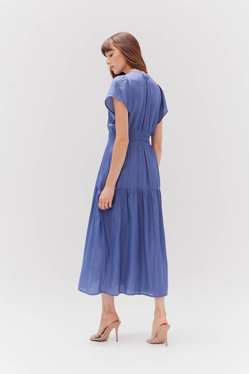 RUFFLE SATIN MIDI DRESS - Out of the Blue