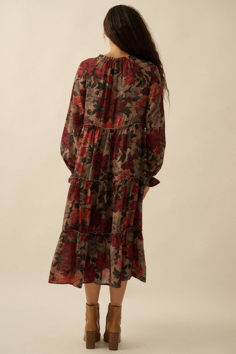 Floral-Print Tiered Ruffle Long-Sleeve Midi Dress - Out of the Blue