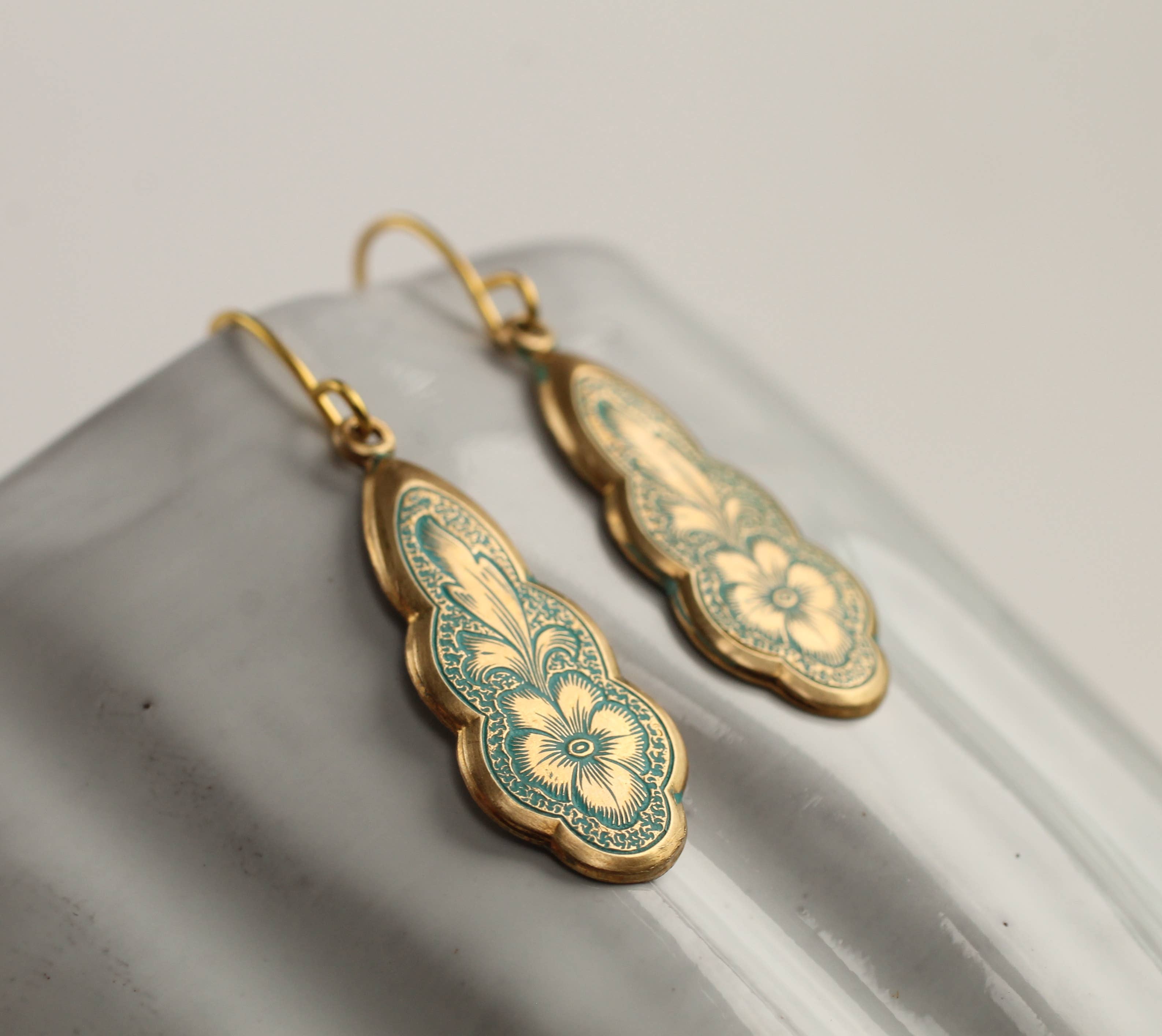 Pansy Gold Green Victorian Drop Earrings - Out of the Blue