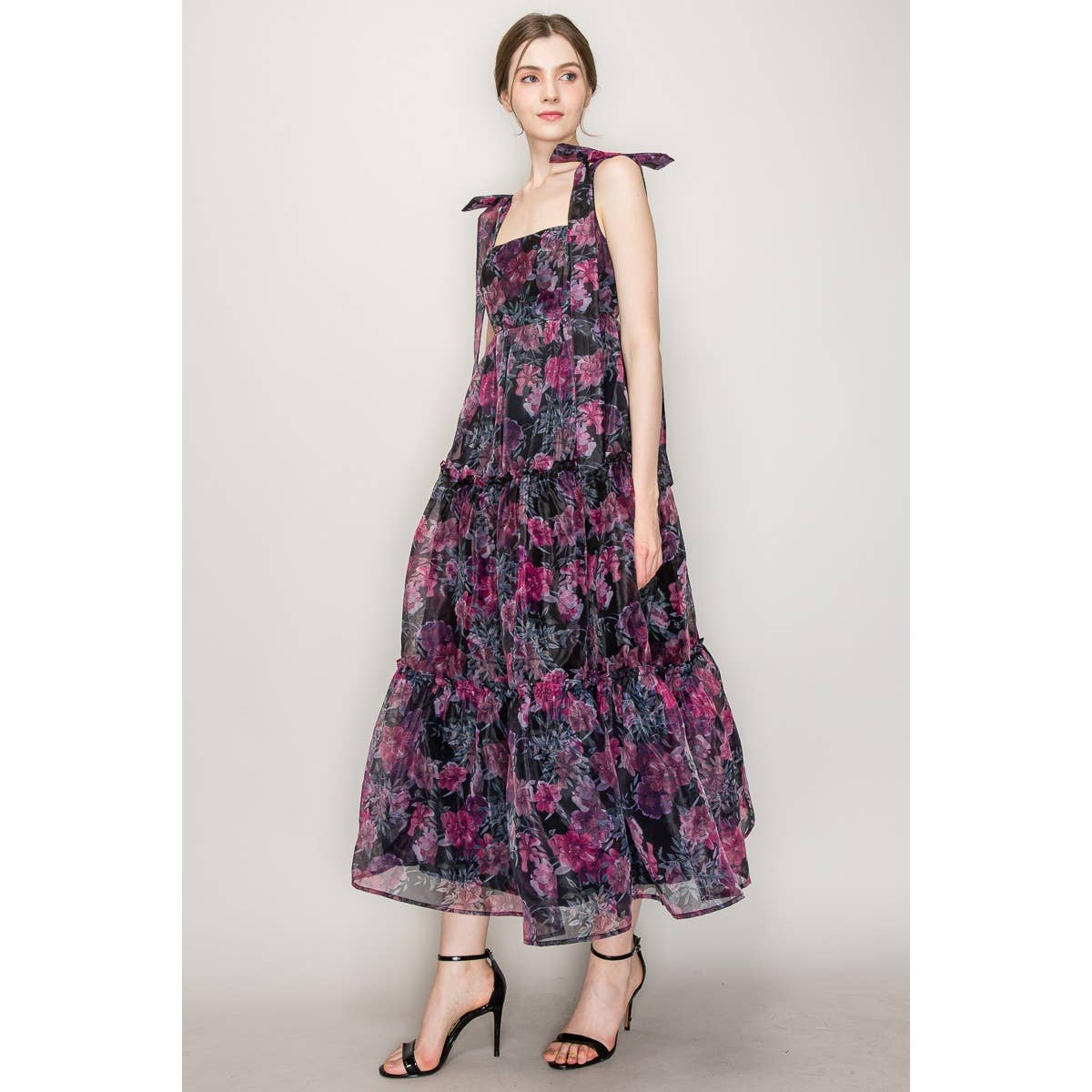 Organza Floral Printed Tiered Midi Dress