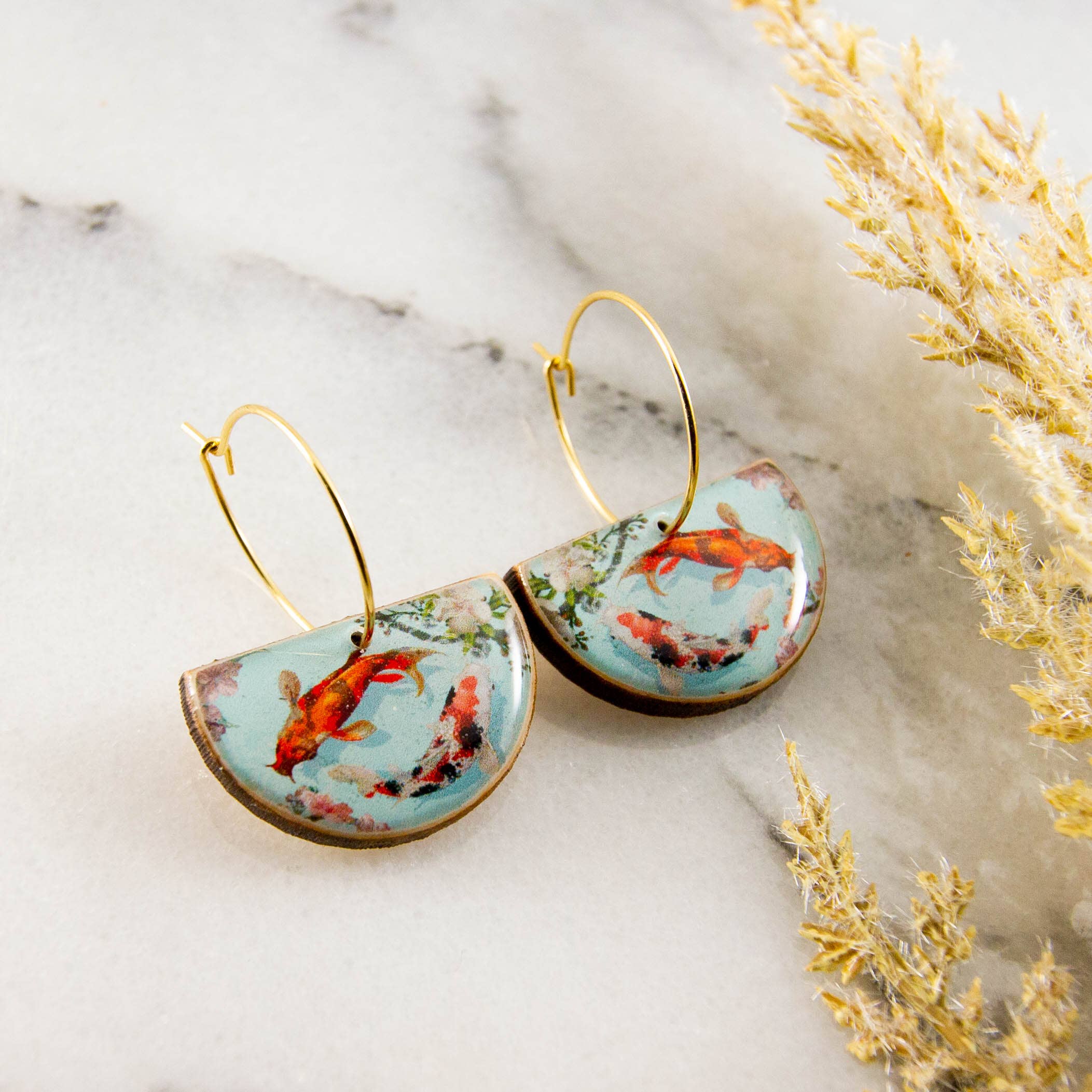 Watercolor Koi Fish Drop Hoop Earrings - Out of the Blue
