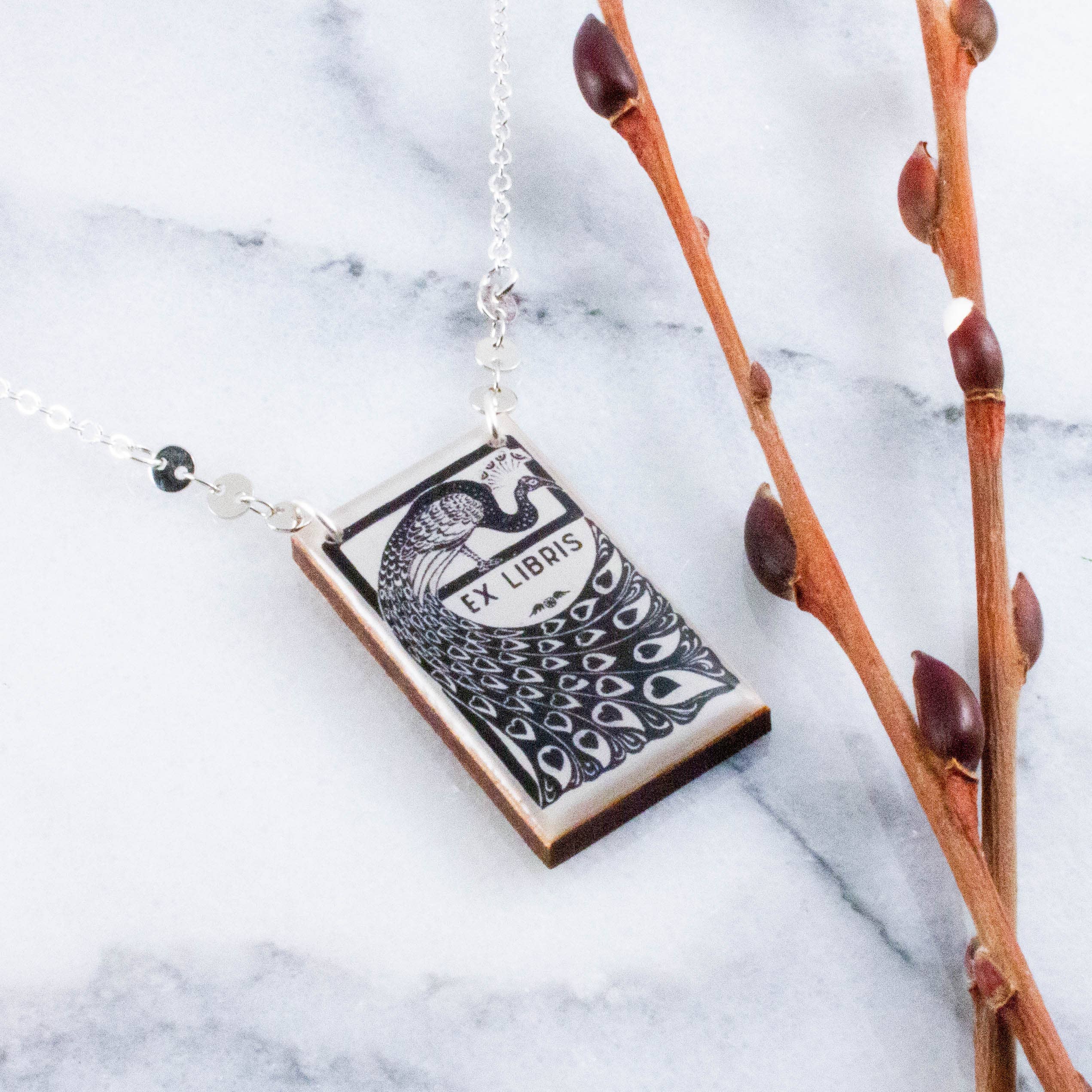 Custom Ex Libris Bookplate Peacock Necklace - Out of the Blue