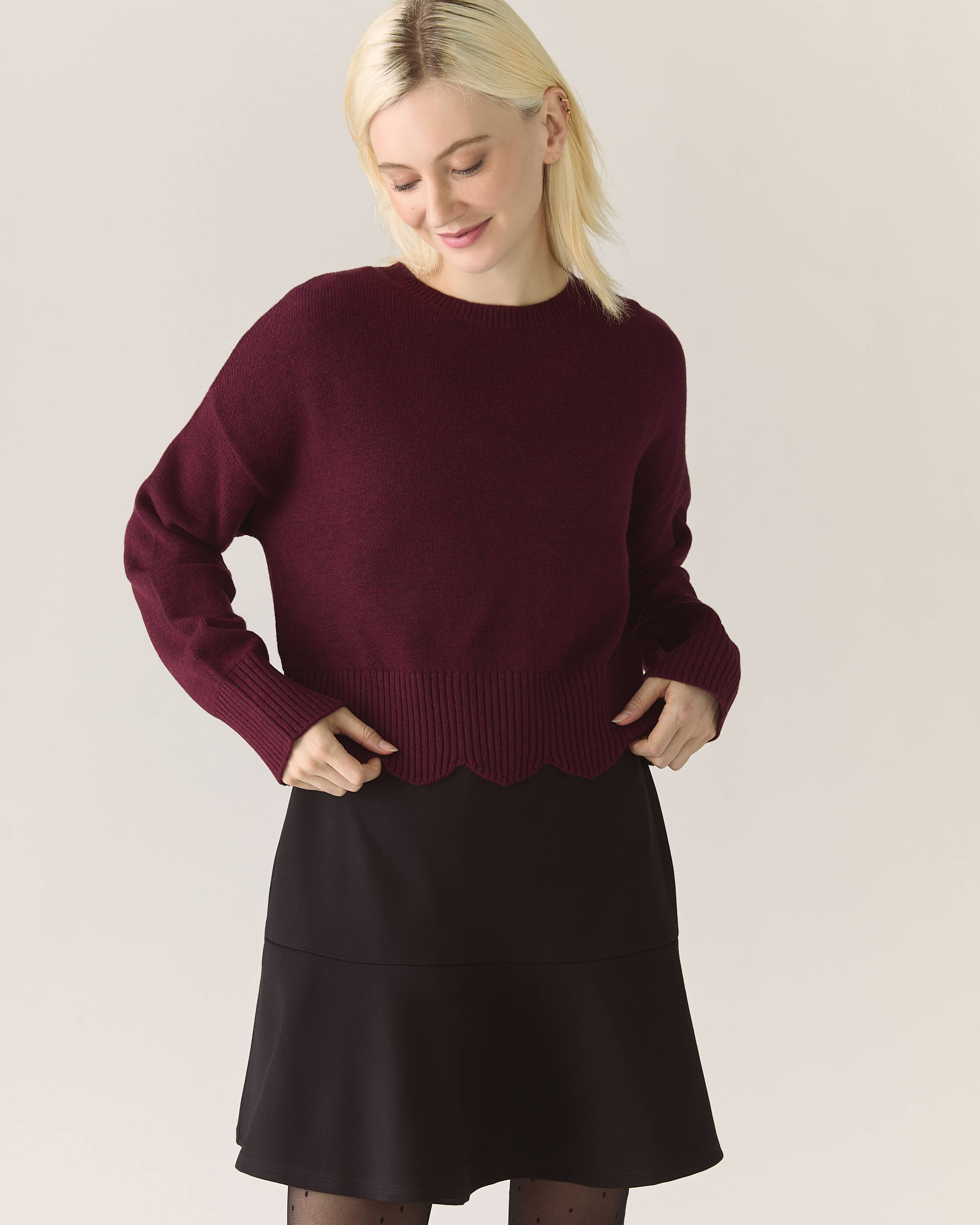 Scalloped Edge Pullover Responsible Merino in Zinfandel - Out of the Blue