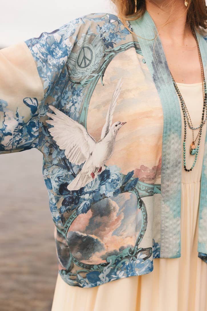 Peace Out Cropped Kimono Pixie Duster with Doves and Sunrise - Out of the Blue