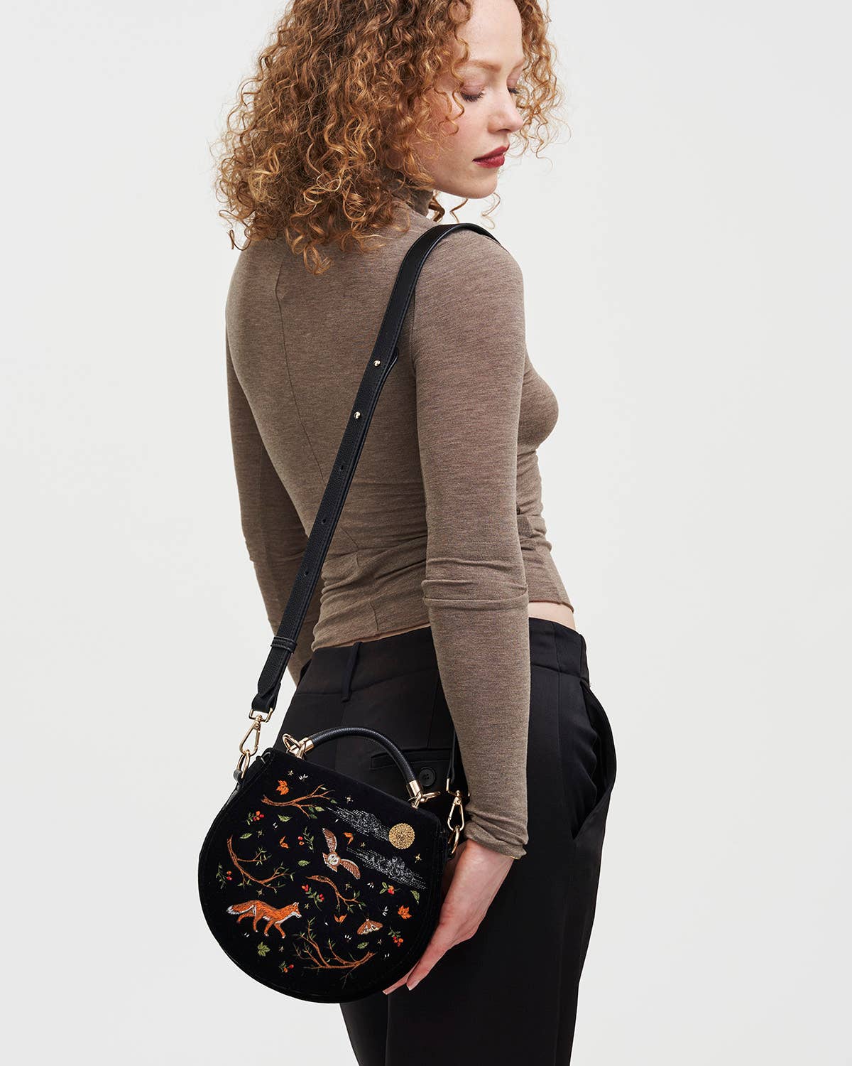 Fox & Owl Embroidered Black Top Handle Saddle Bag - Out of the Blue