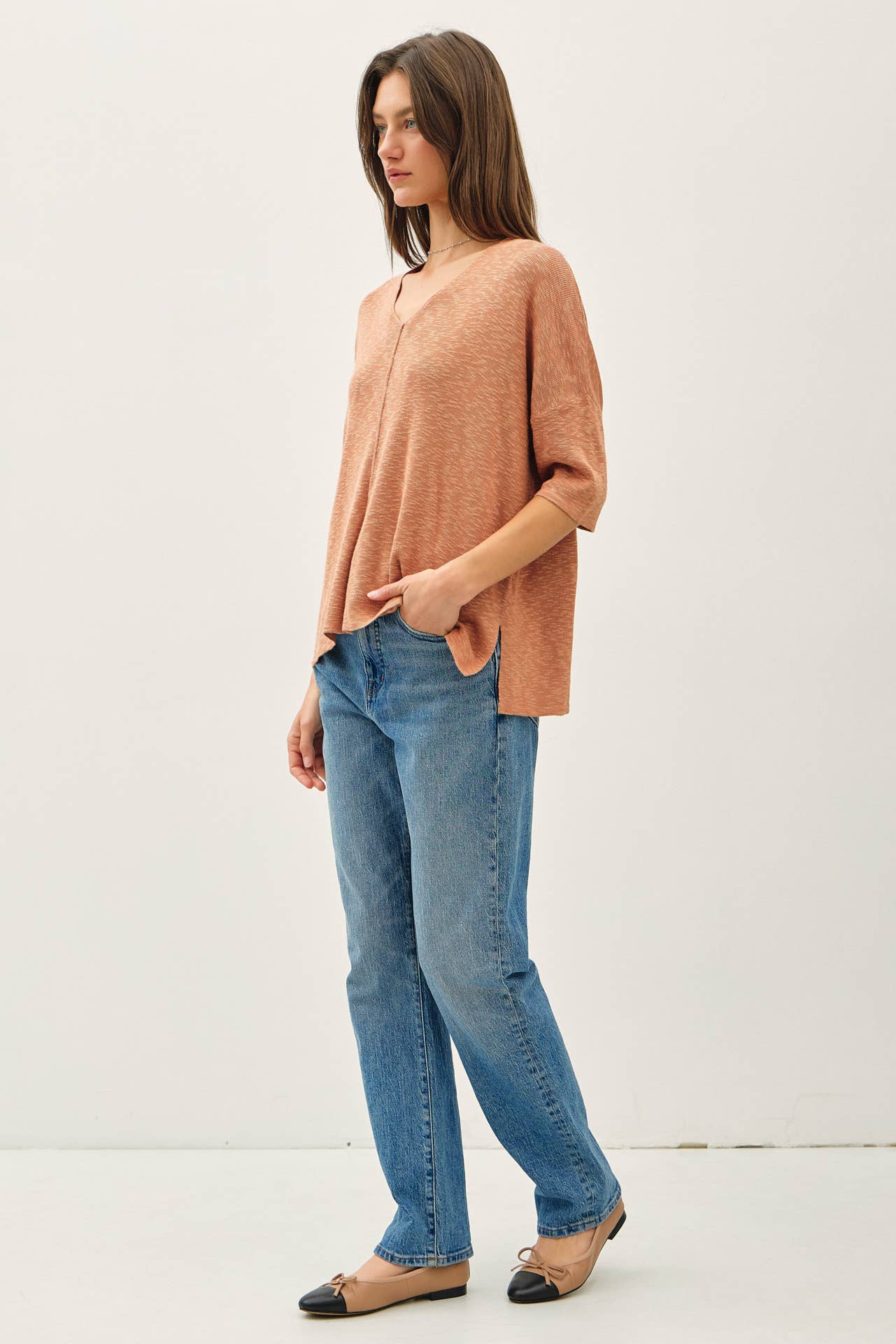 RELAXED FIT 1/2 SLEEVE COTTON SLUB SWEATER - Out of the Blue