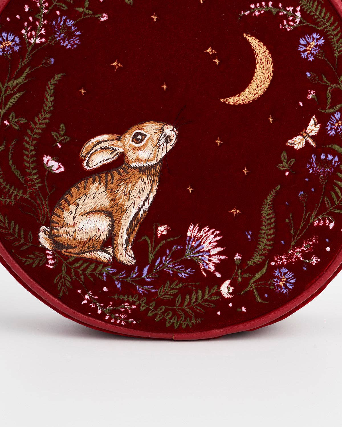 Star Gazing Rabbit Red Embroidered Circle Bag - Out of the Blue