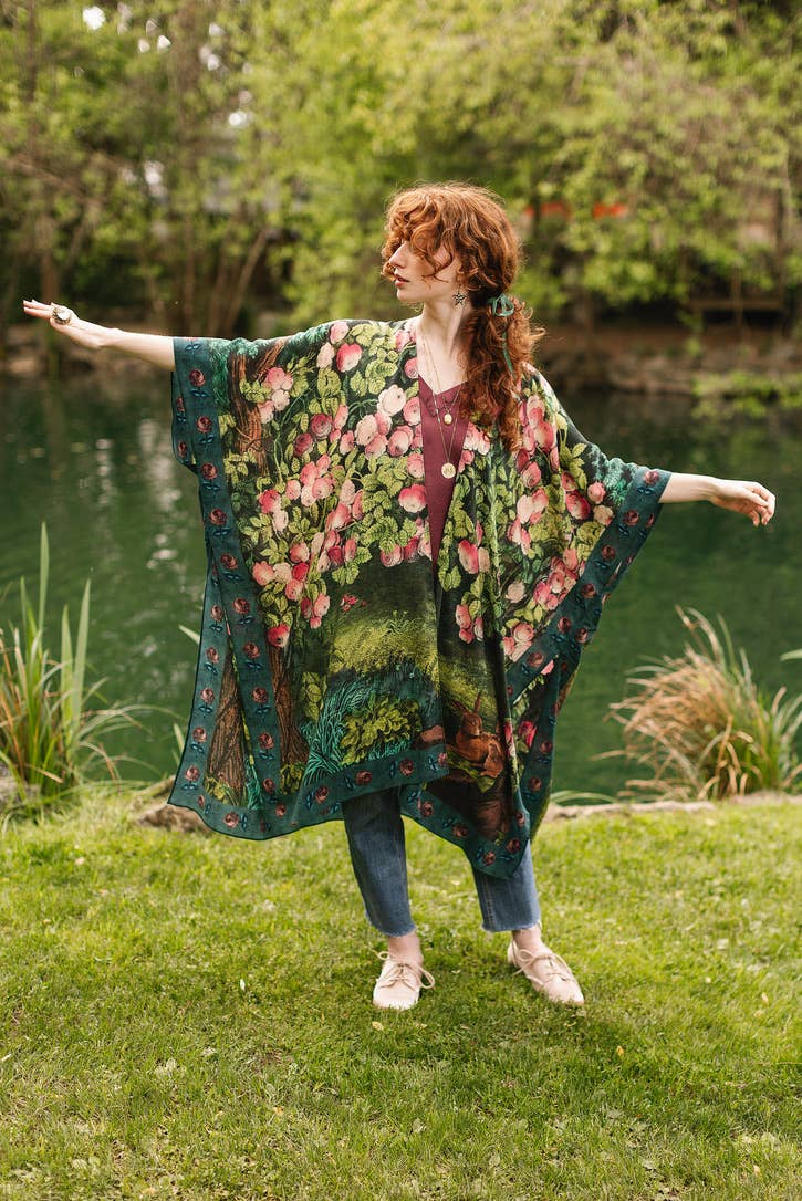 The Daydreamer Goddess Duster Kimono w/ Florals & Rabbits - Out of the Blue