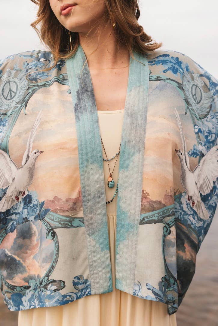 Peace Out Cropped Kimono Pixie Duster with Doves and Sunrise - Out of the Blue