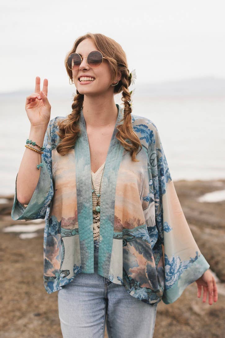 Peace Out Cropped Kimono Pixie Duster with Doves and Sunrise - Out of the Blue