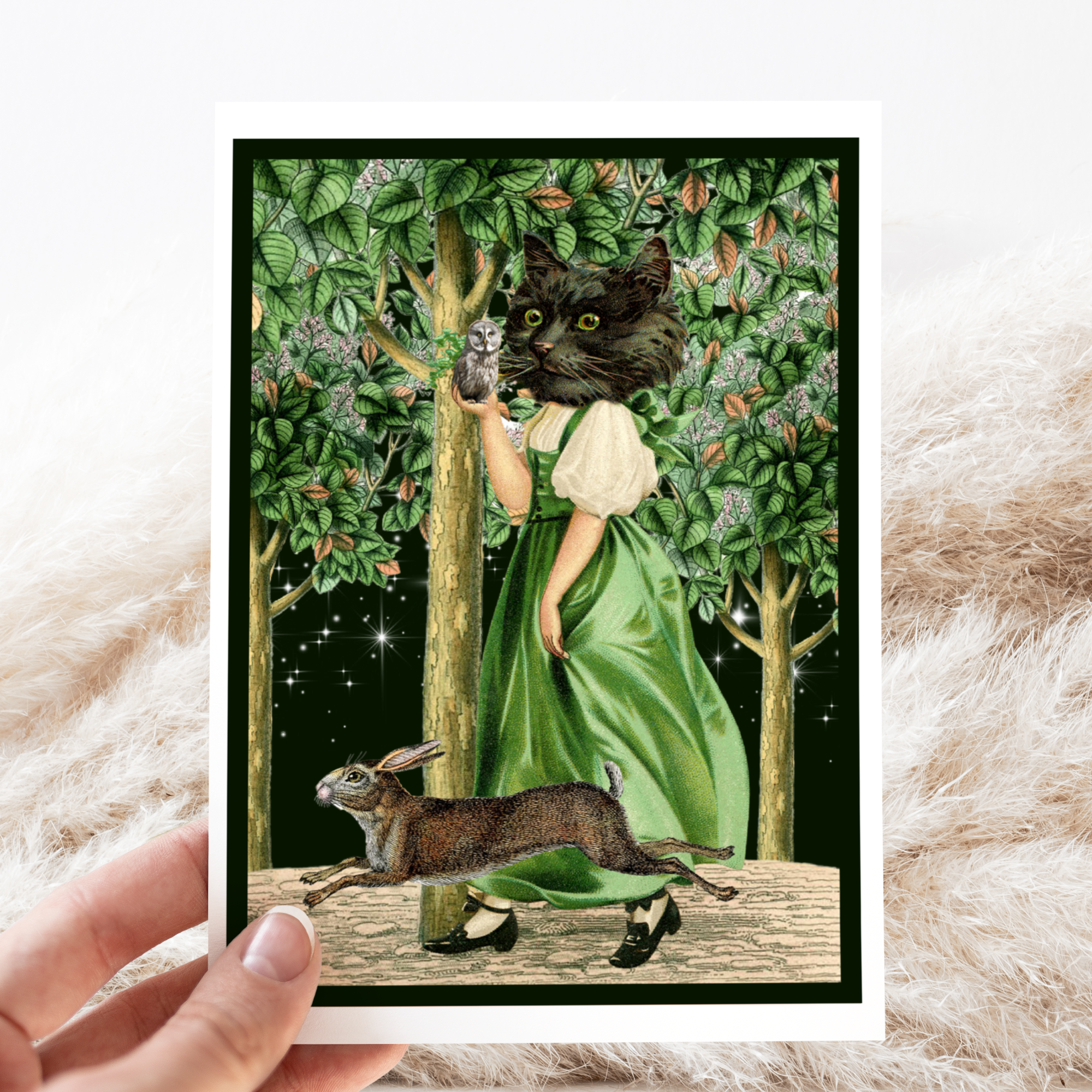 Greeting Card  Vintage Black Cat Holding Owl. - Out of the Blue