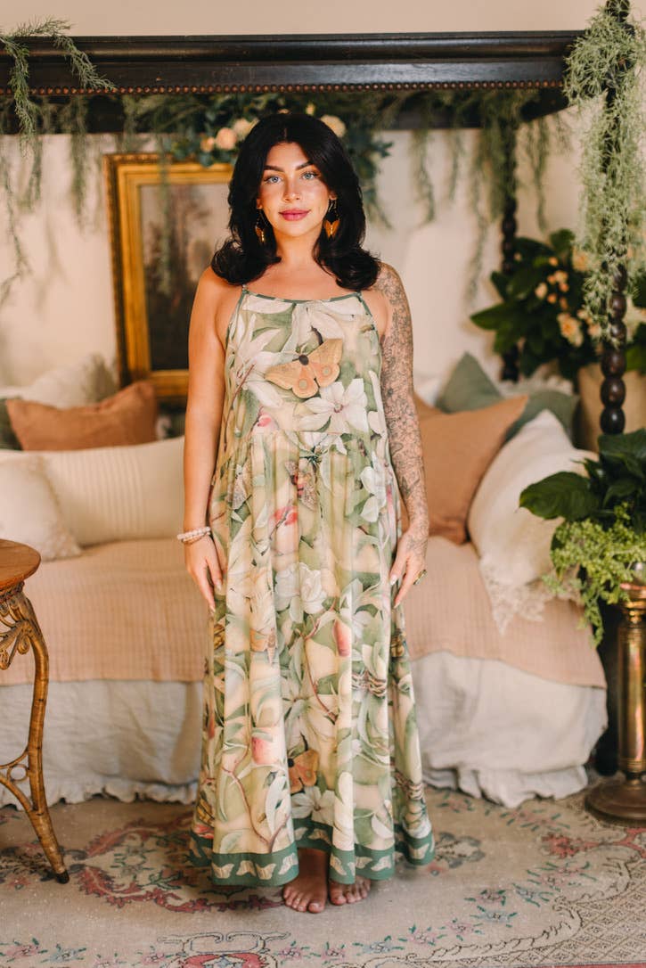 Fleur De Soleil Bohéme Maxi Slip Dress w Florals & Butterfly - Out of the Blue