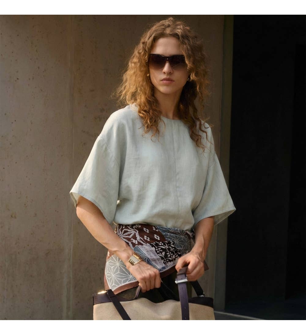 100% Linen Bell Sleeve Top - Out of the Blue
