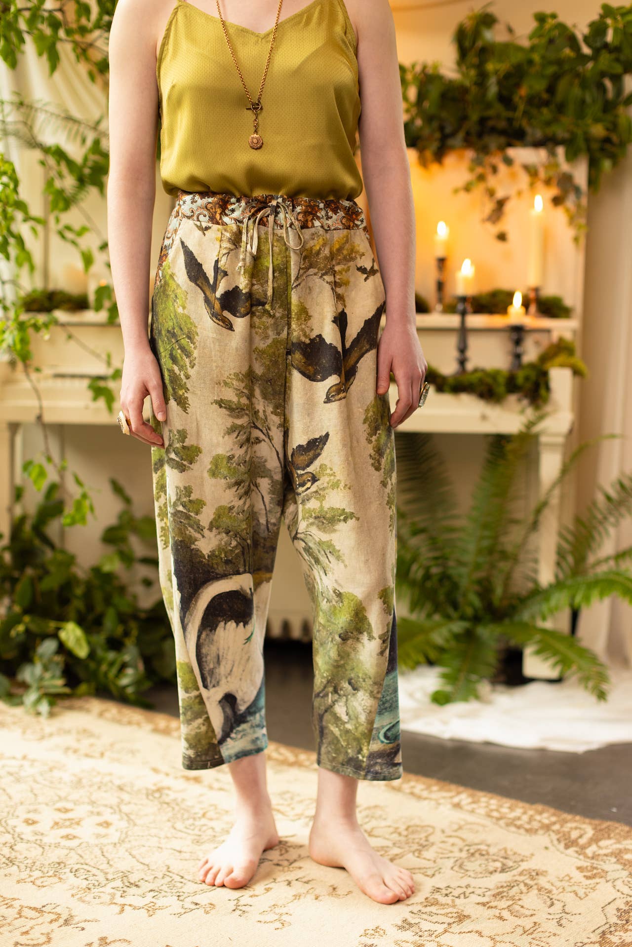 Theatre of Dreams Linen Cropped Artist Pant w/ Swan, Birds - Out of the Blue