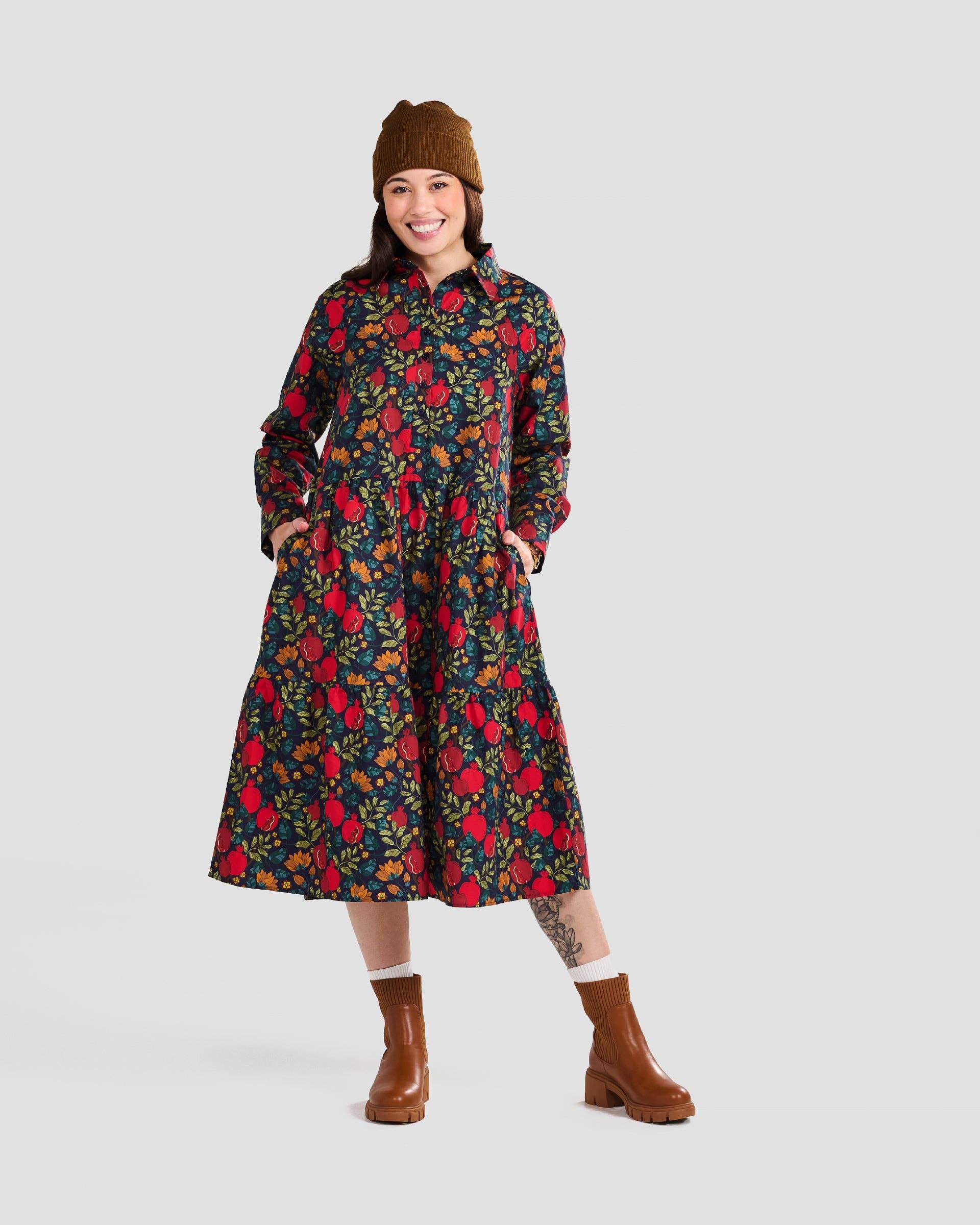 Pomegranates Printed Flared Pocket Shirt Dress - Out of the Blue
