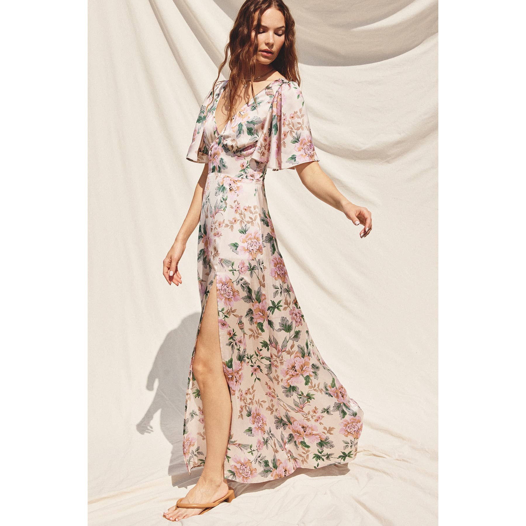 Morning Meadow Flutter Sleeve Plunging Maxi Dress - Out of the Blue