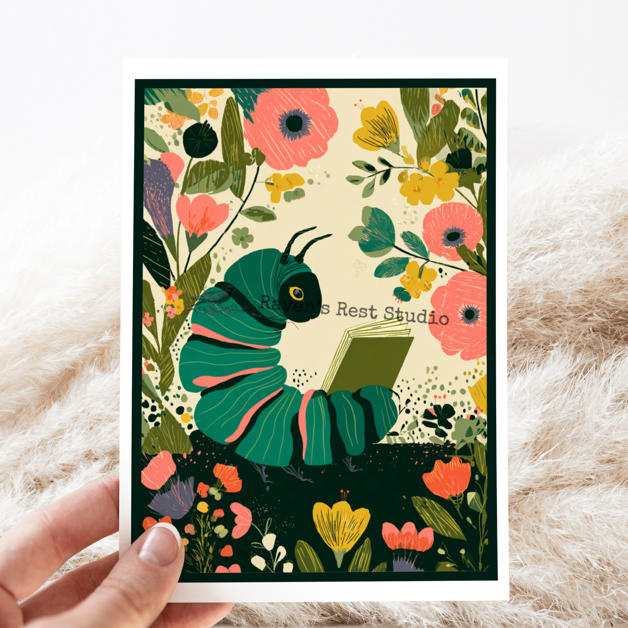 Everyday Greeting Card. Caterpillar Reading With Florals - Out of the Blue