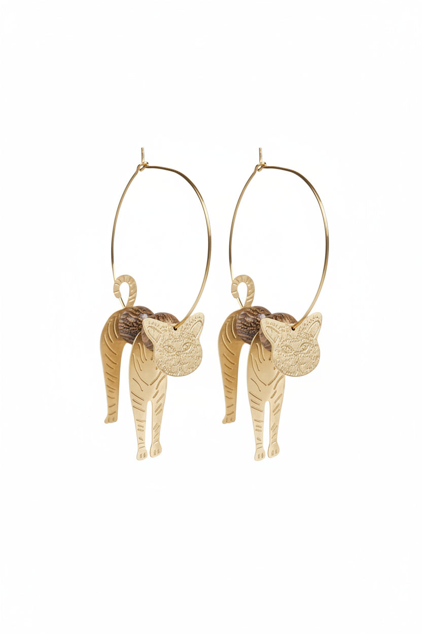 Gold hoop earrings with cat-shaped pendants on a white background