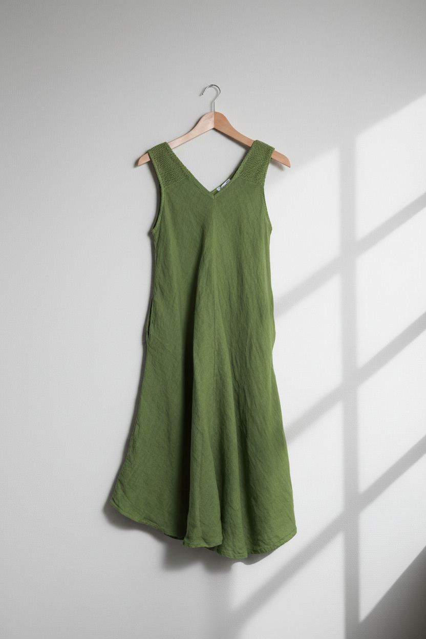 Green dress on a hanger against a white background