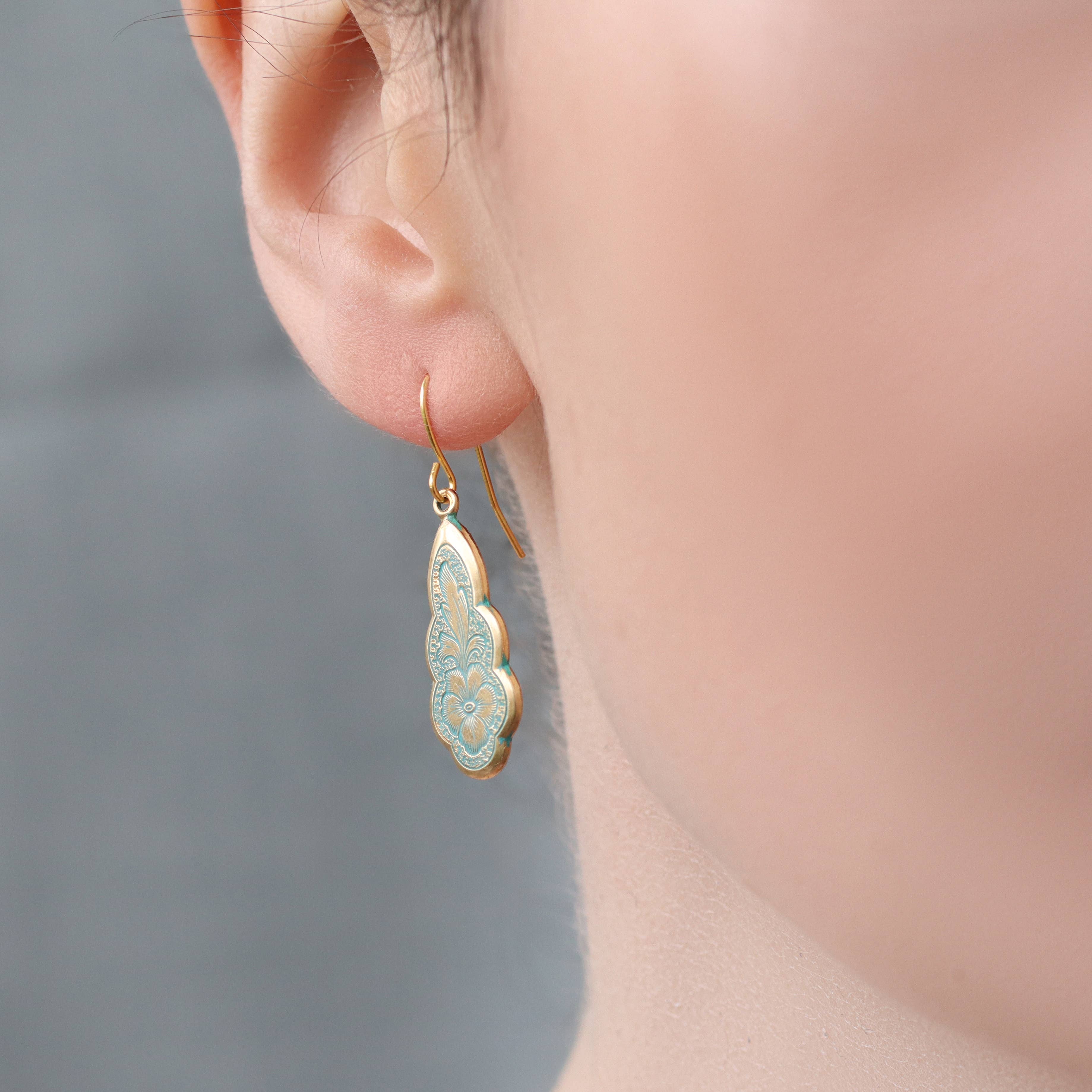 Pansy Gold Green Victorian Drop Earrings - Out of the Blue