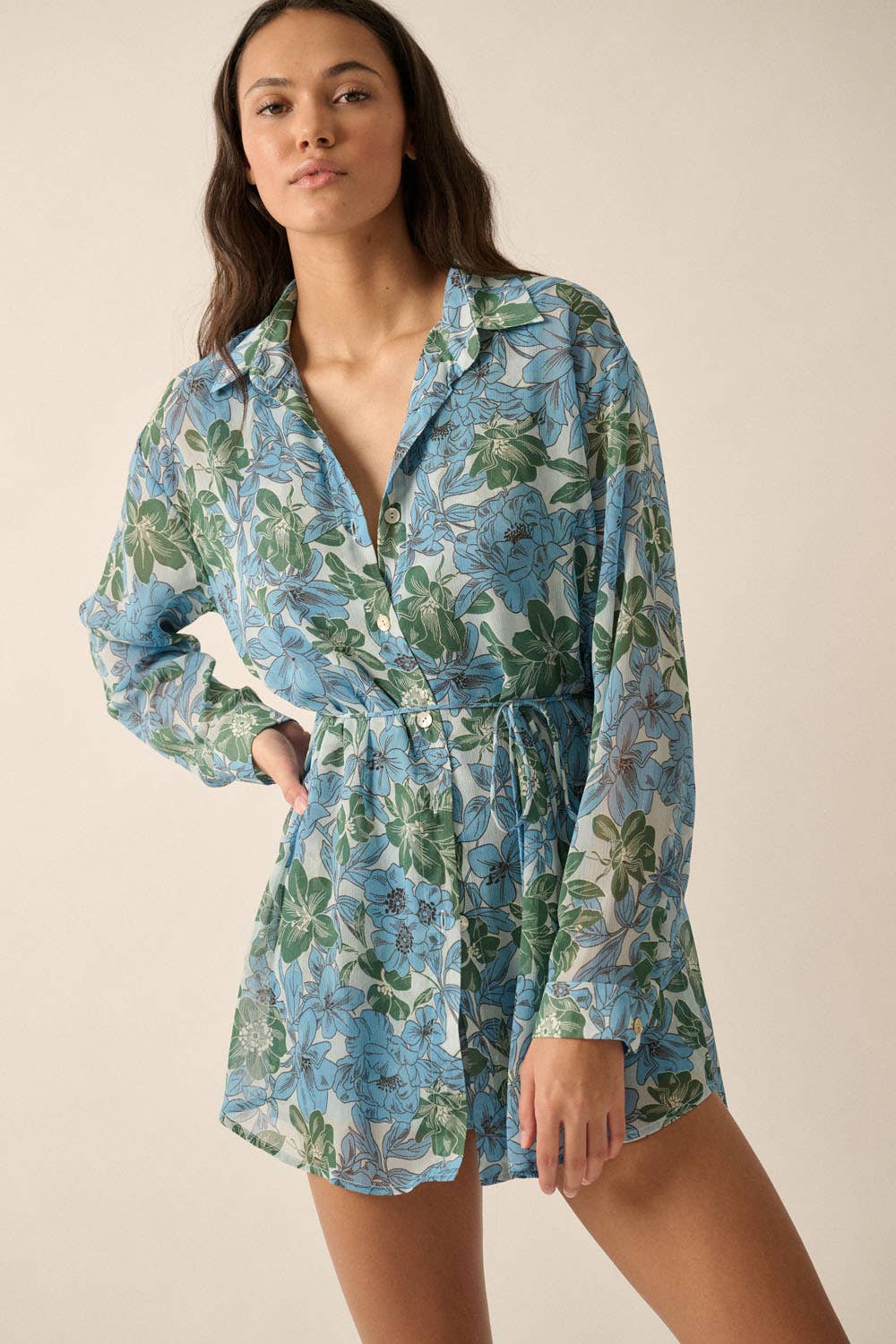 Floral Chiffon Belted Long-Sleeve Shirt Romper - Out of the Blue