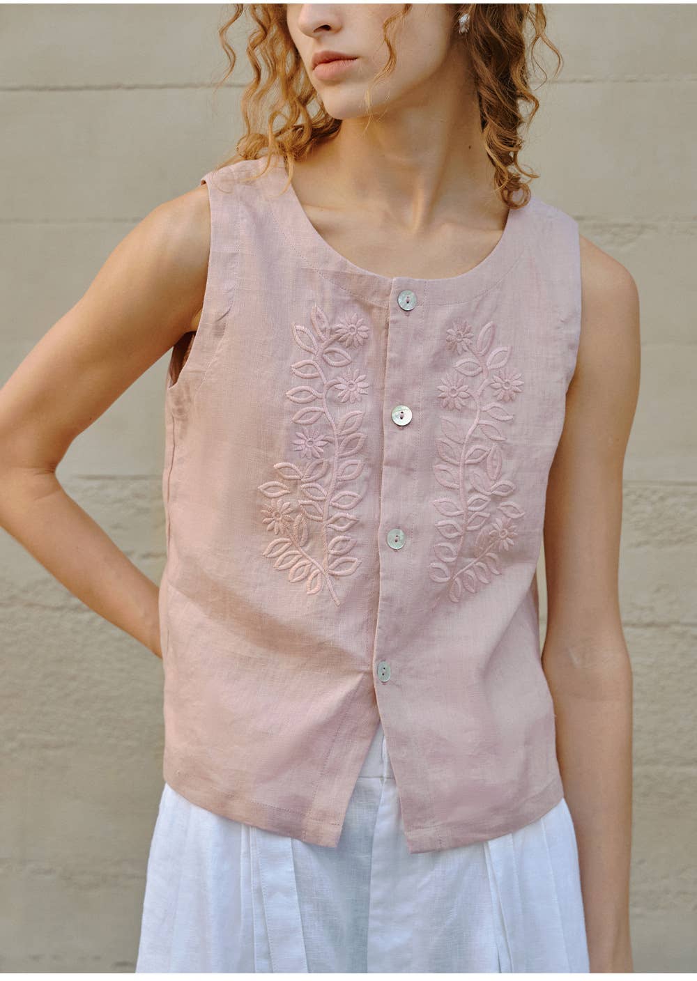 100% Linen Vest – Embroidered Sleeveless Top-5202001WSAK - Out of the Blue
