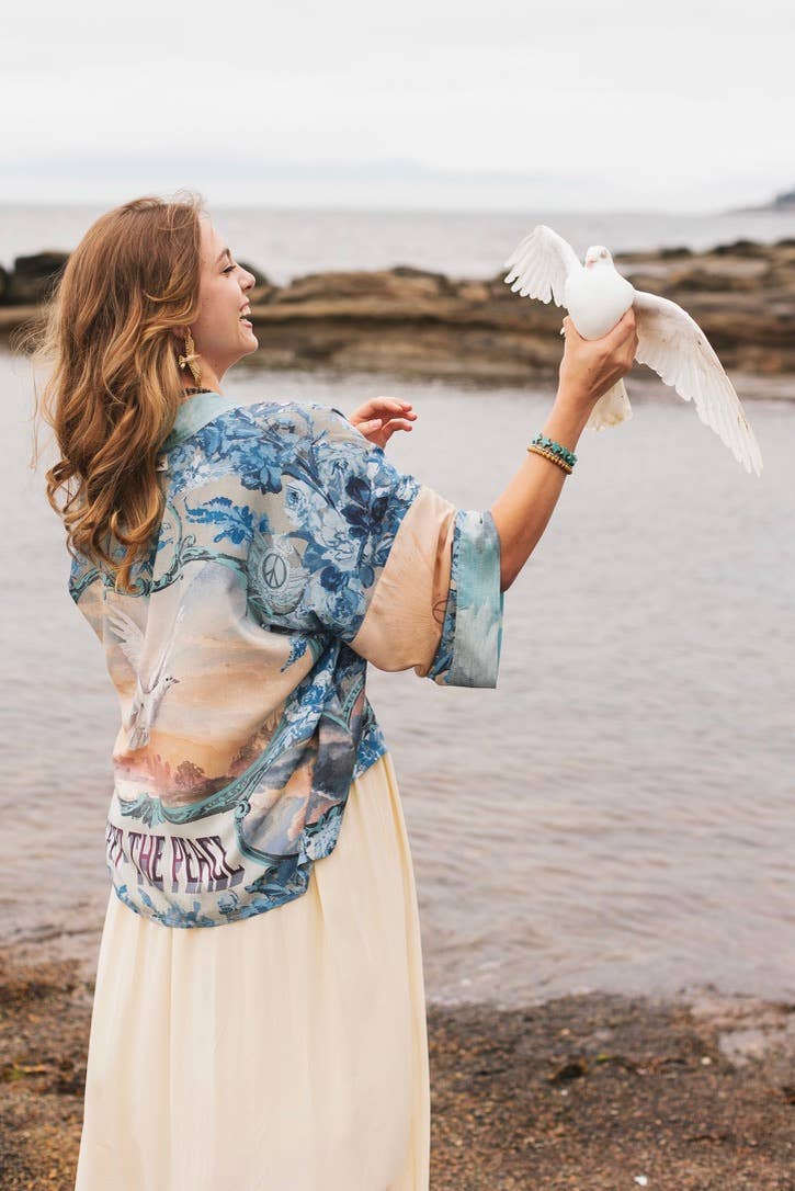 Peace Out Cropped Kimono Pixie Duster with Doves and Sunrise - Out of the Blue