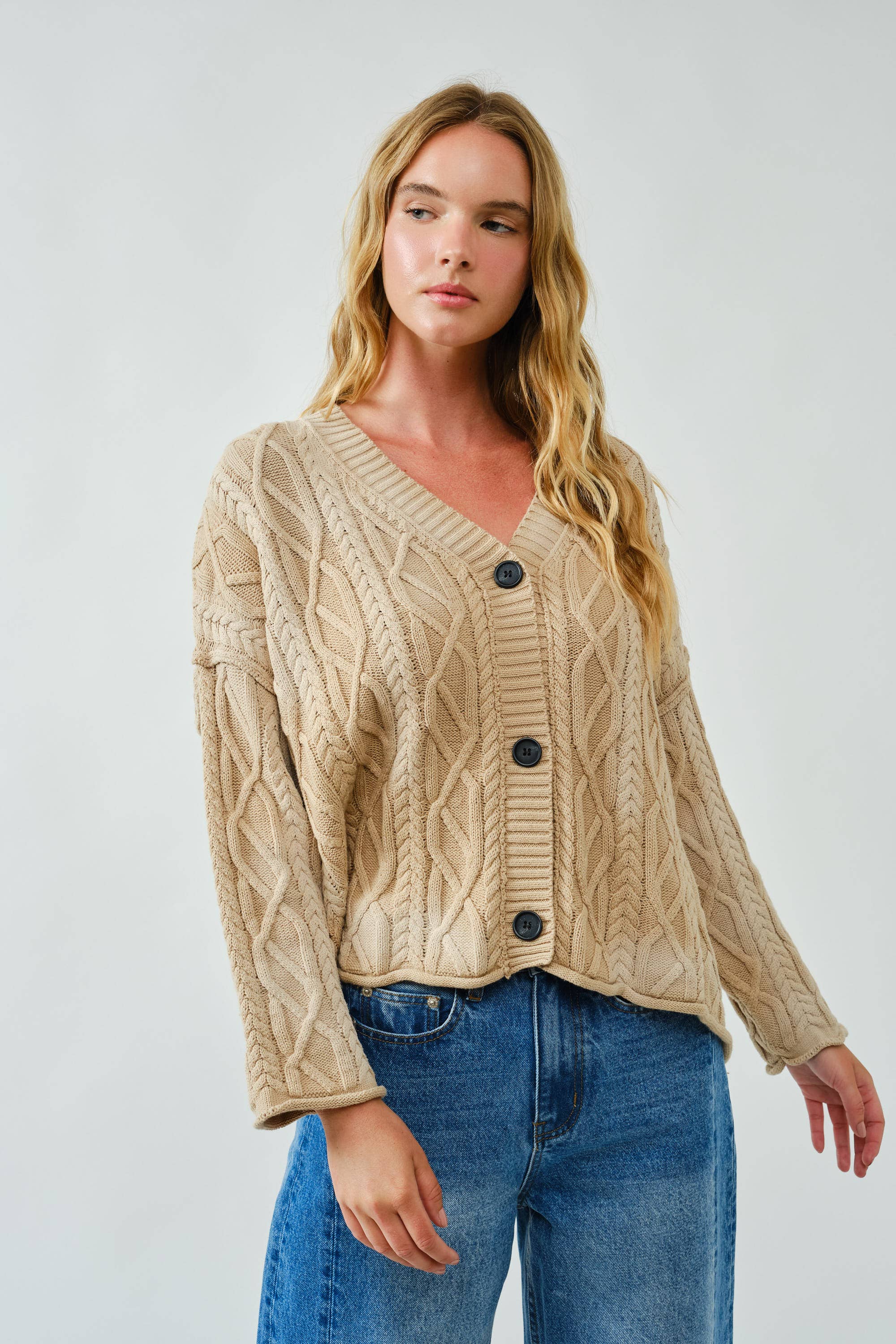 OVERSIZED WASHED CABLE CARDIGAN - Out of the Blue