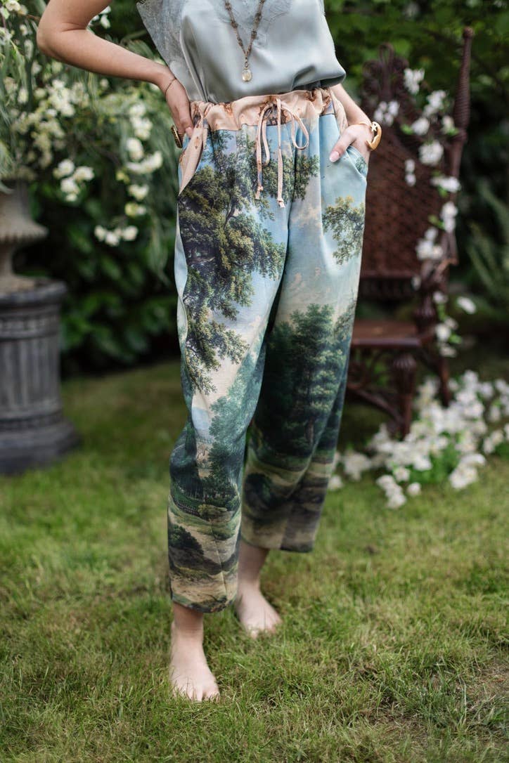 The Mythmaker Linen Crop Artist Pant w/ pastoral landscape - Out of the Blue