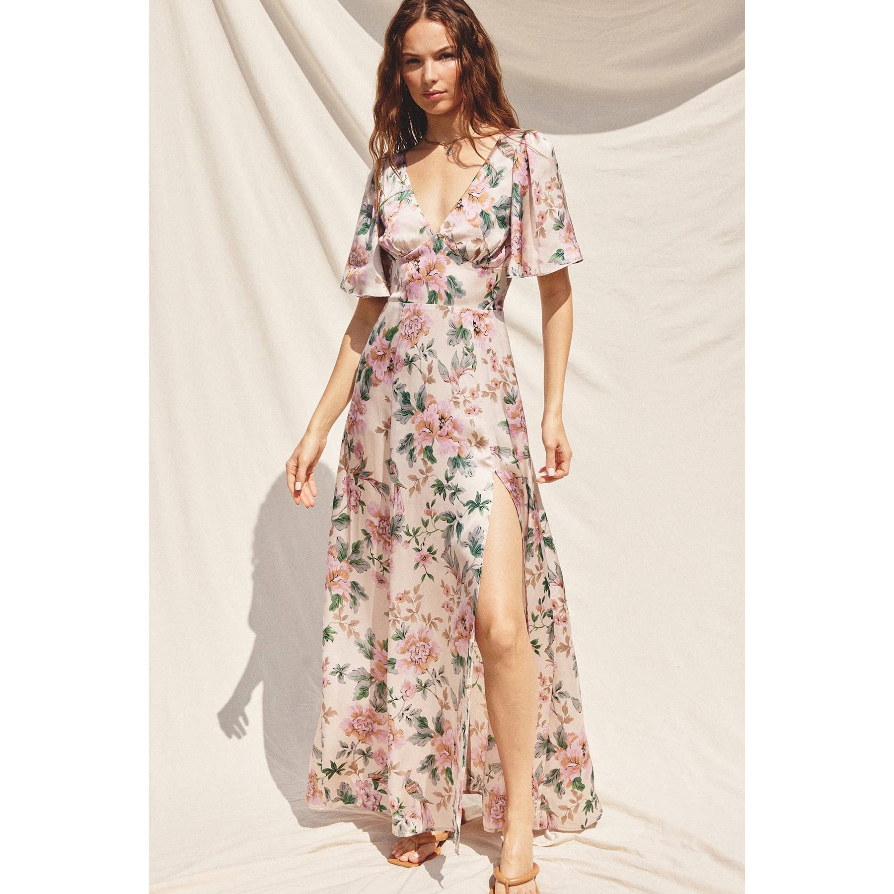 Morning Meadow Flutter Sleeve Plunging Maxi Dress - Out of the Blue