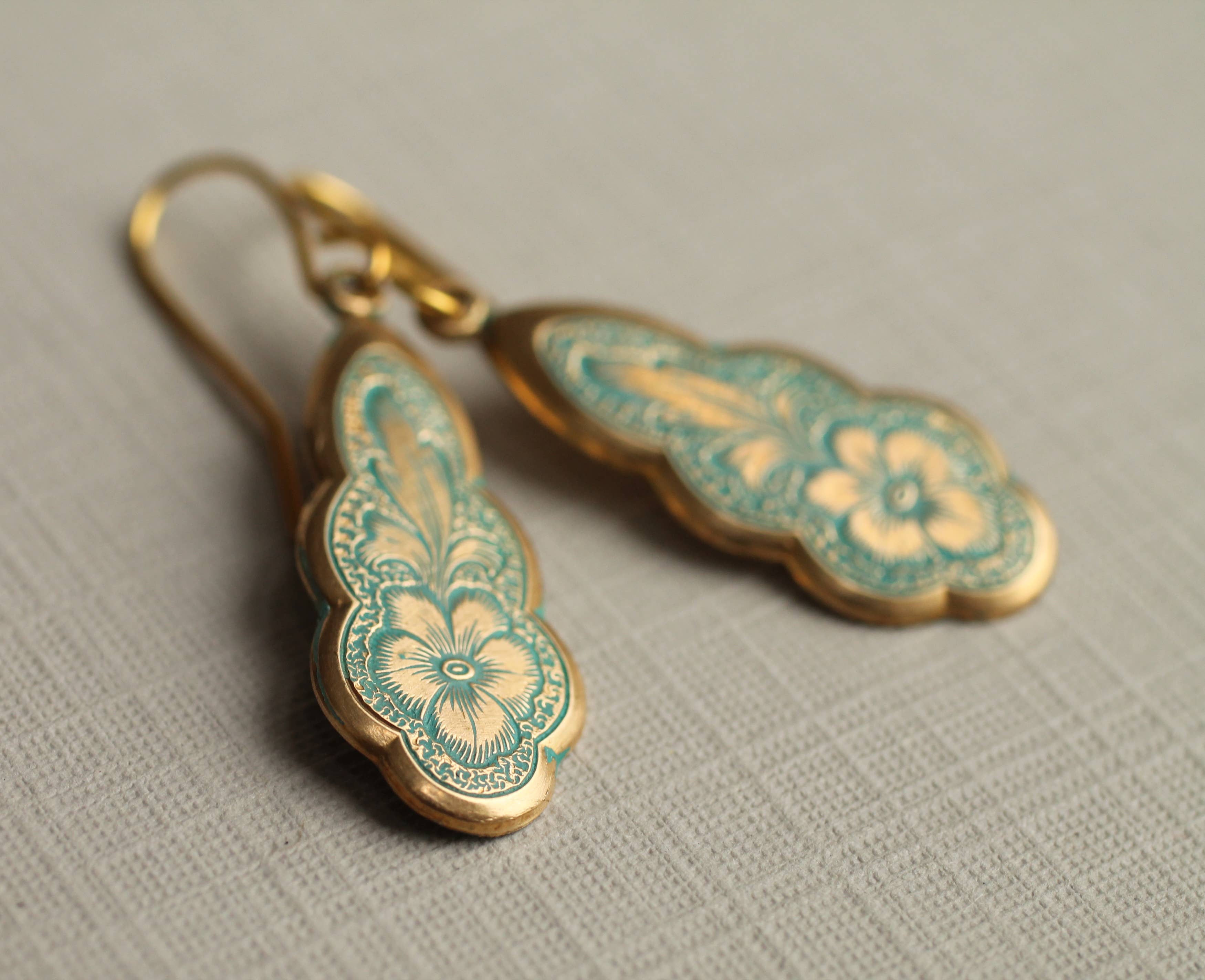 Pansy Gold Green Victorian Drop Earrings - Out of the Blue
