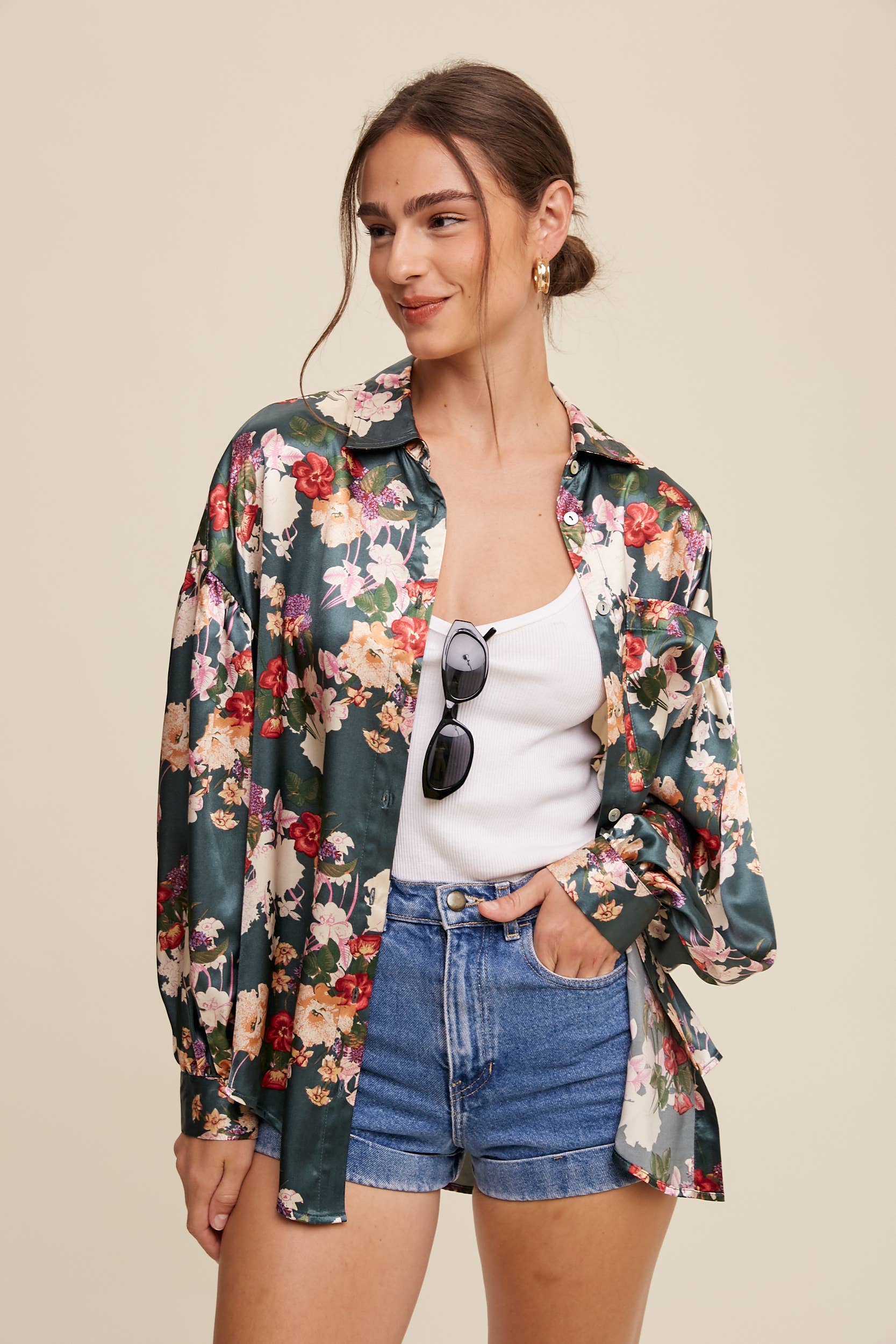 Floral Satin Button-Up Shirt LT1309 - Out of the Blue