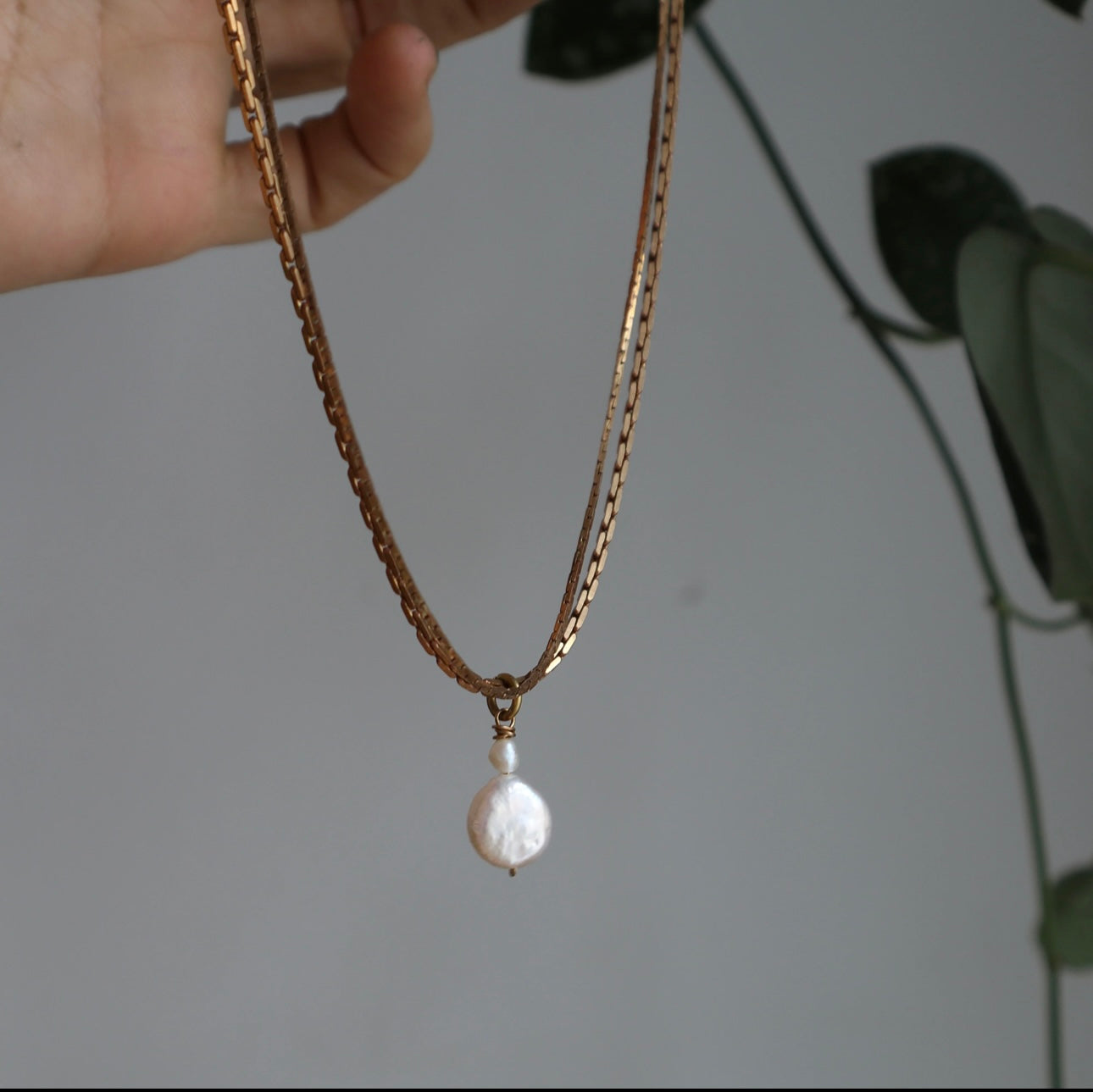 Double Brass Pearl Necklace - Out of the Blue