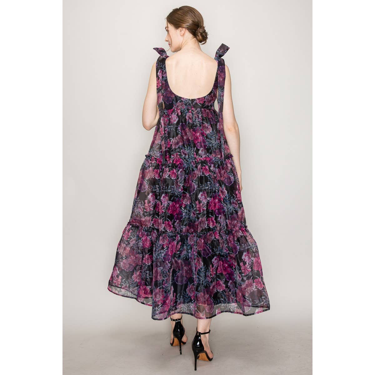 Organza Floral Printed Tiered Midi Dress