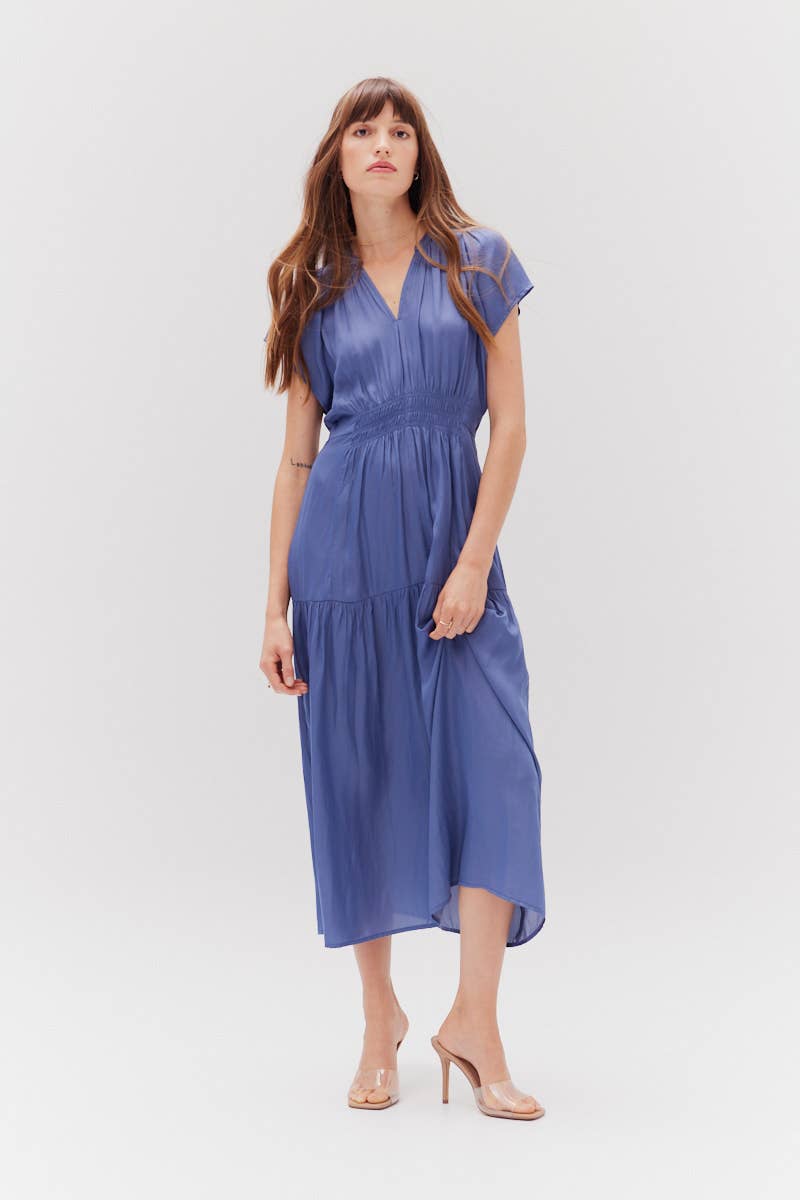 RUFFLE SATIN MIDI DRESS - Out of the Blue