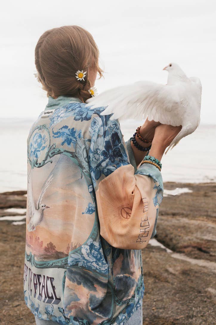 Peace Out Cropped Kimono Pixie Duster with Doves and Sunrise - Out of the Blue