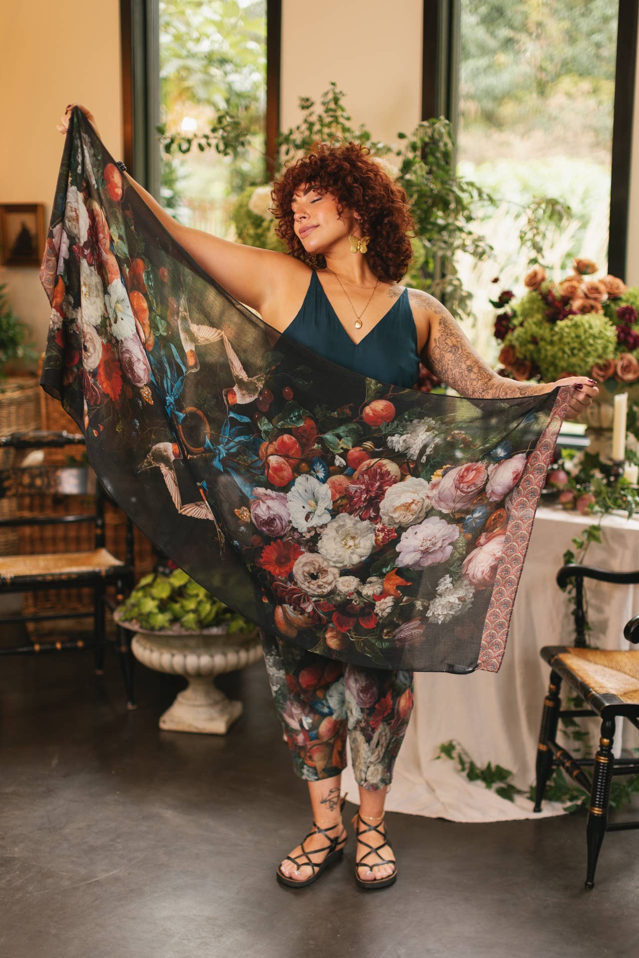 Flight of Fancy Floral Scarf with Hummingbirds - Out of the Blue