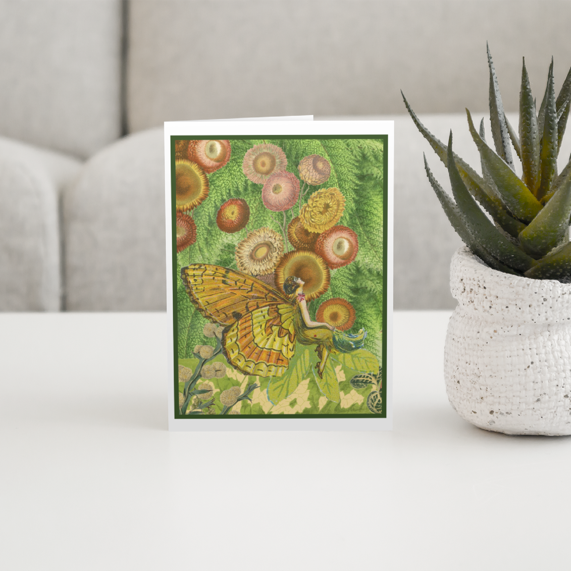 Greeting Card. Vintage Butterfly Fairy Girl. Green Orange. - Out of the Blue