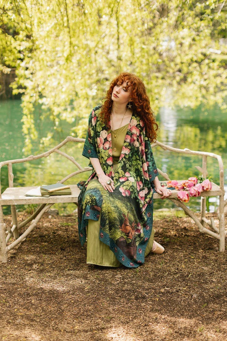 The Daydreamer Goddess Duster Kimono w/ Florals & Rabbits - Out of the Blue