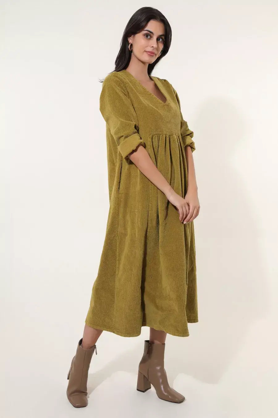 2833 100% cotton heavyweight corduroy dress: Mustard - Out of the Blue